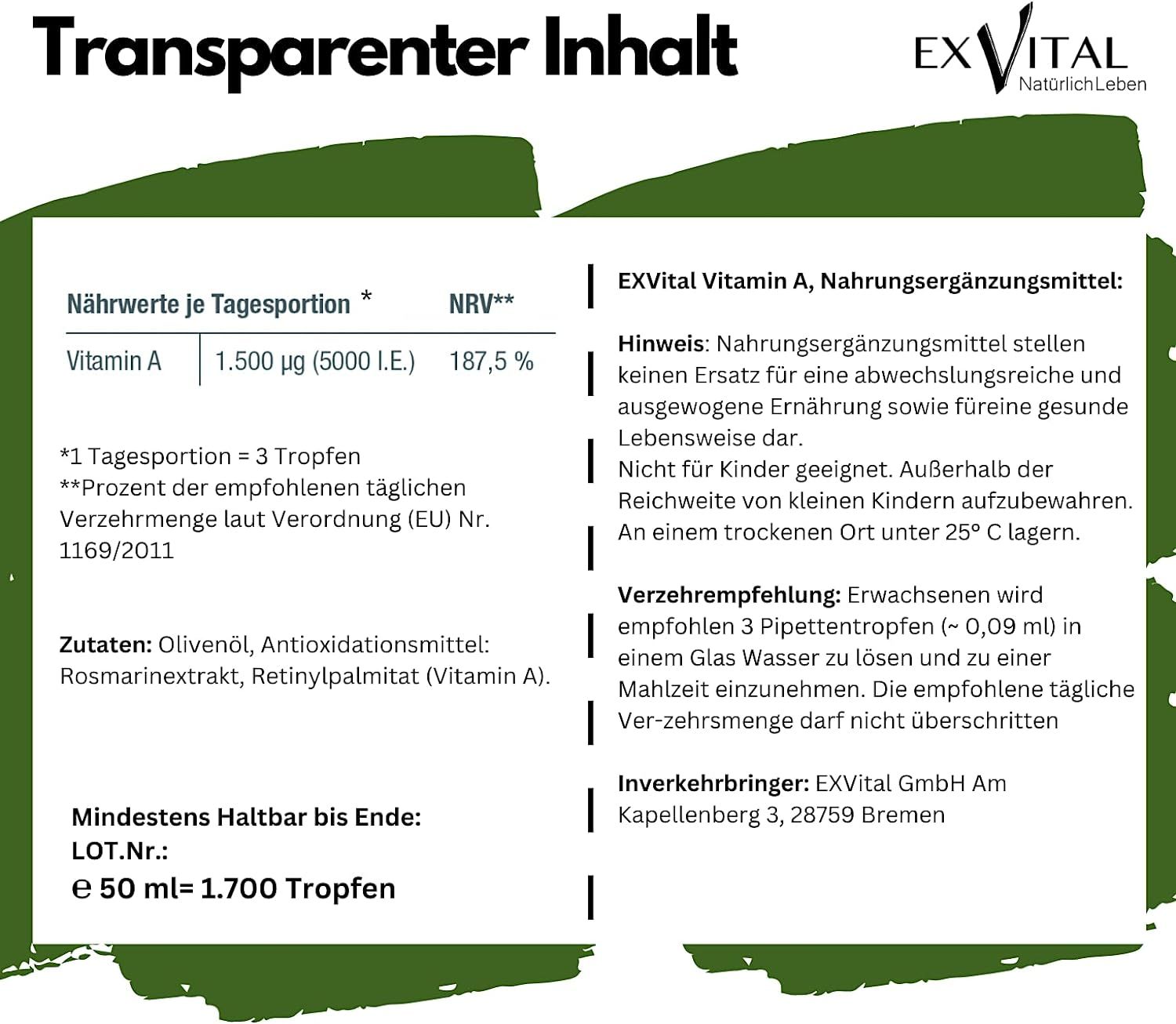 Nährwertangaben und Inhaltsstoffe von EXVital Vitamin A Tropfen.