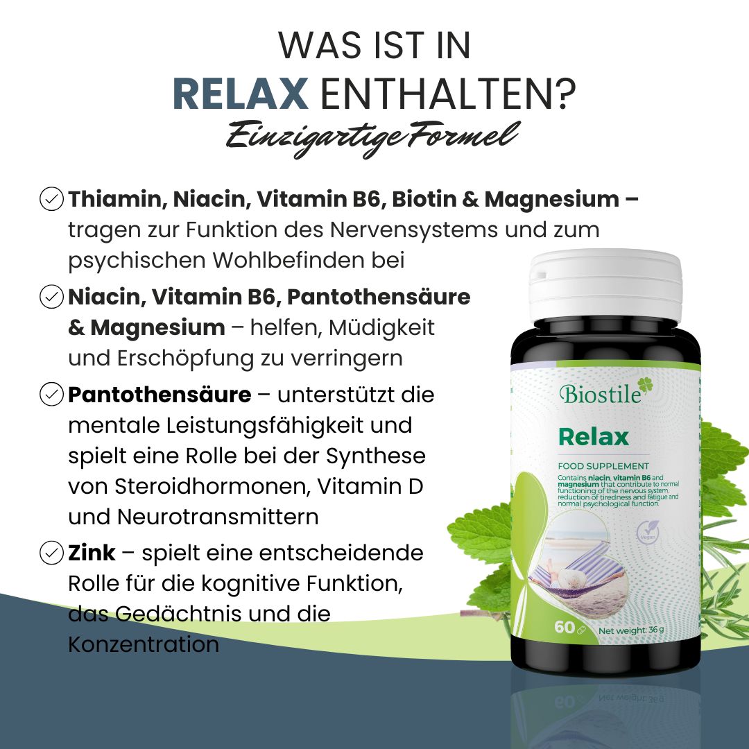 Biostile Relax Flasche neben einer Liste von Inhaltsstoffen wie Thiamin, Niacin und Zink.