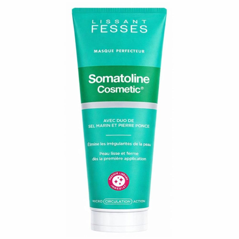 Türkisfarbene Tube mit grünem Deckel. Text: Lissant Fesses, Masque Perfecteur, Somatoline Cosmetic. Duo Sel Marin et Pierre Ponce.