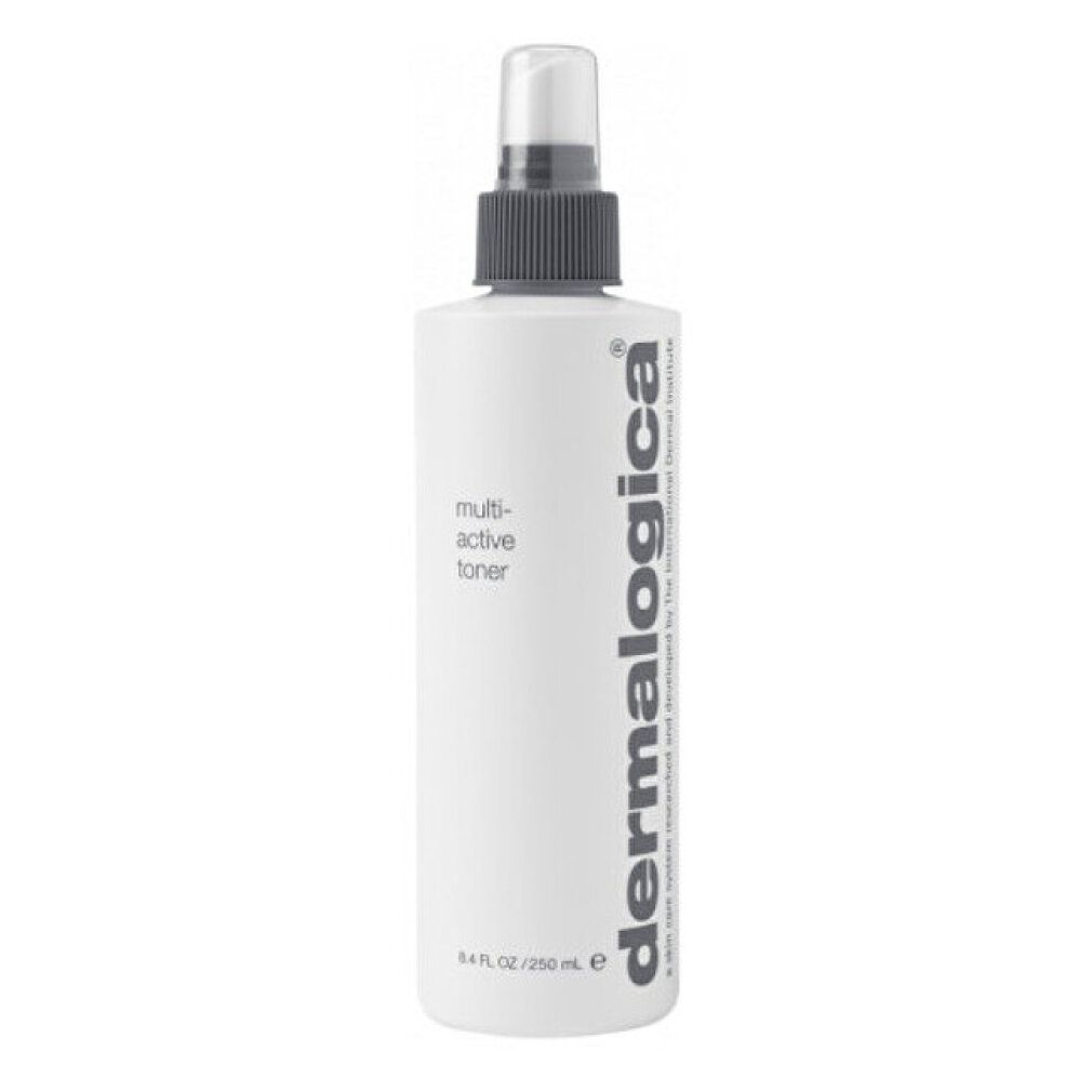 Weisse Flasche mit Sprühkopf. Aufschrift: multi-active toner, Dermalogica. 8.4 fl. oz / 250 ml.