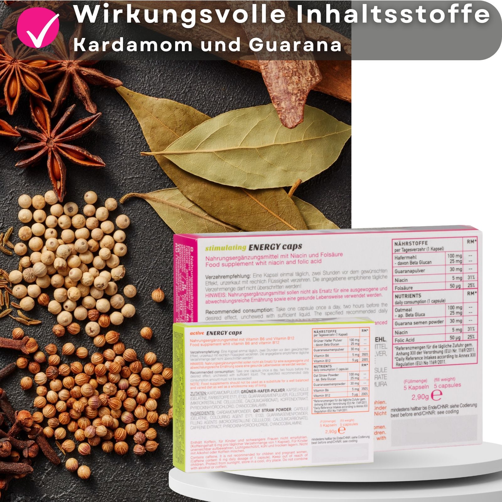 Zutaten auf einem Tisch. Daneben zwei Schachteln mit Kapseln. Aufschrift: Ero, Energy Caps.