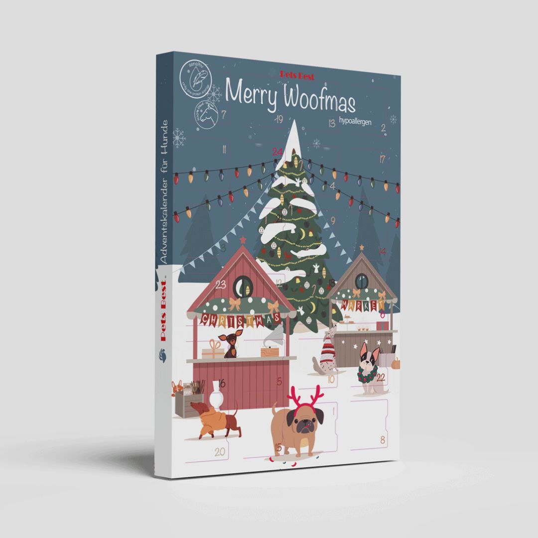 Adventskalender für Hunde. Vorderseite mit Illustration eines Weihnachtsmarktes mit Hunden. Aufschrift: Merry Woofmas, Pets Best.