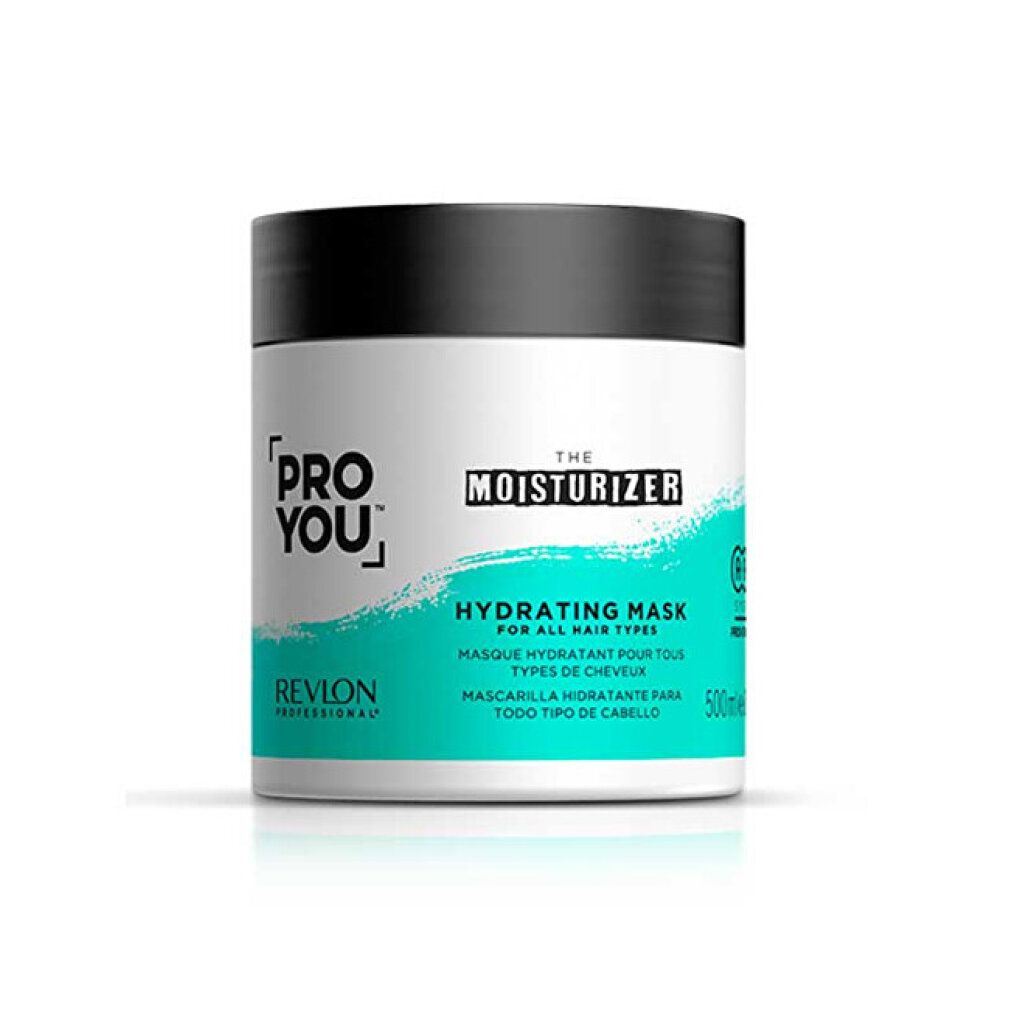 Weißes Tiegel mit schwarzem Deckel. Aufschrift: PRO YOU, THE MOISTURIZER, HYDRATING MASK. Türkisfarbener Hintergrund. 500ml.
