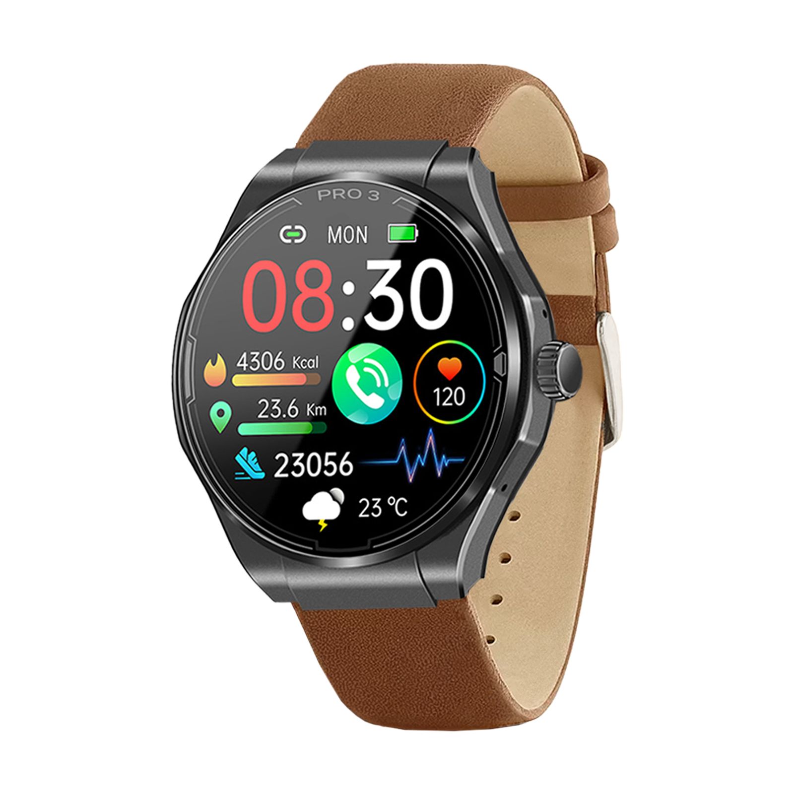 Smartwatch mit braunem Lederarmband. Zeigt Uhrzeit, Kalorien, Distanz, Schritte, Herzfrequenz und Wetter an.