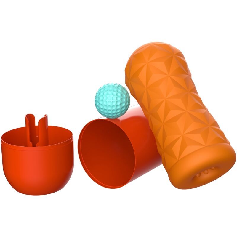 Drei Teile: roter Behälter, Masturbator, blauer Ball. Auf weißem Hintergrund.