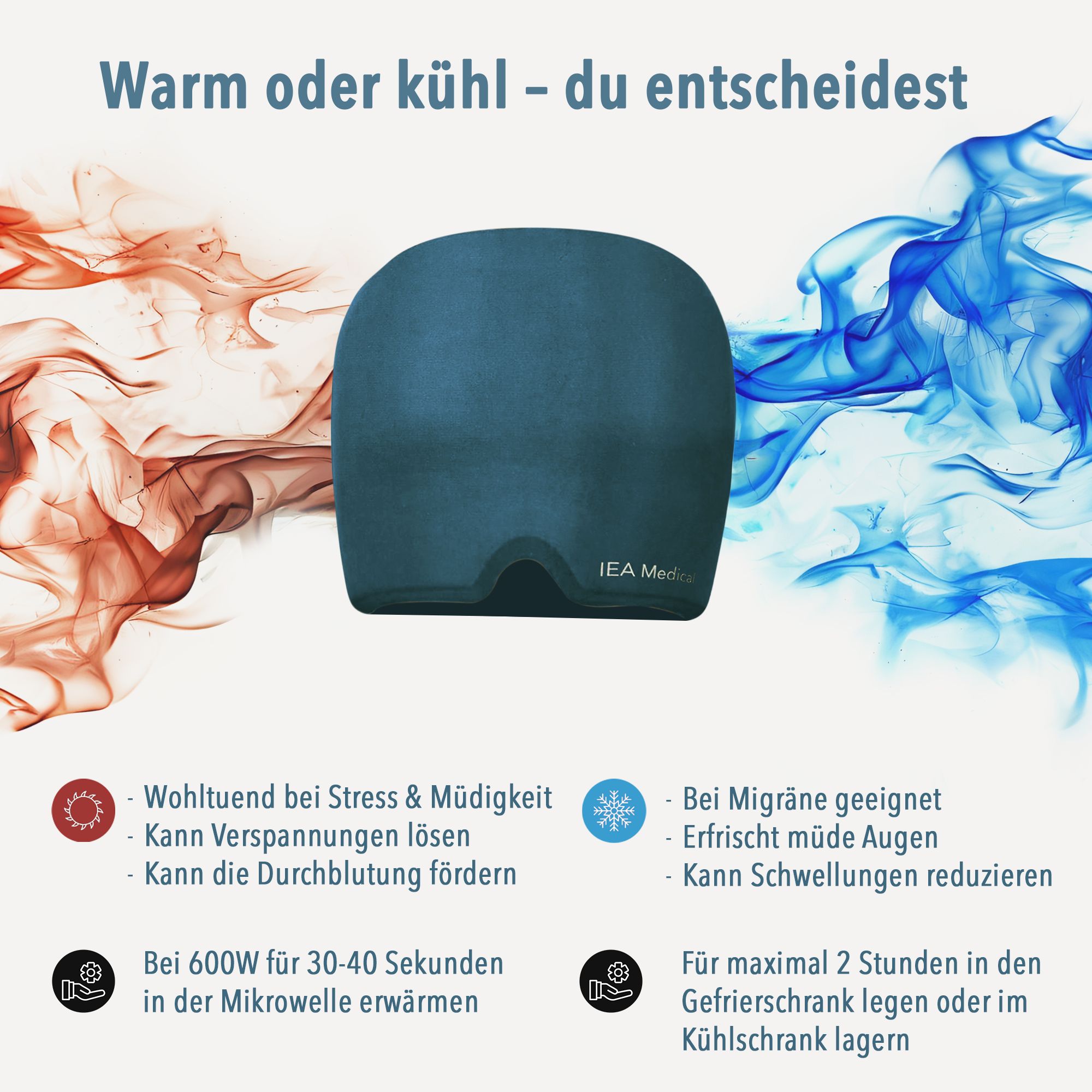 Blaues Migränemaske. Text: Warm oder kühl - du entscheidest. Illustrationen: Wärme, Kälte, Anwendungshinweise.