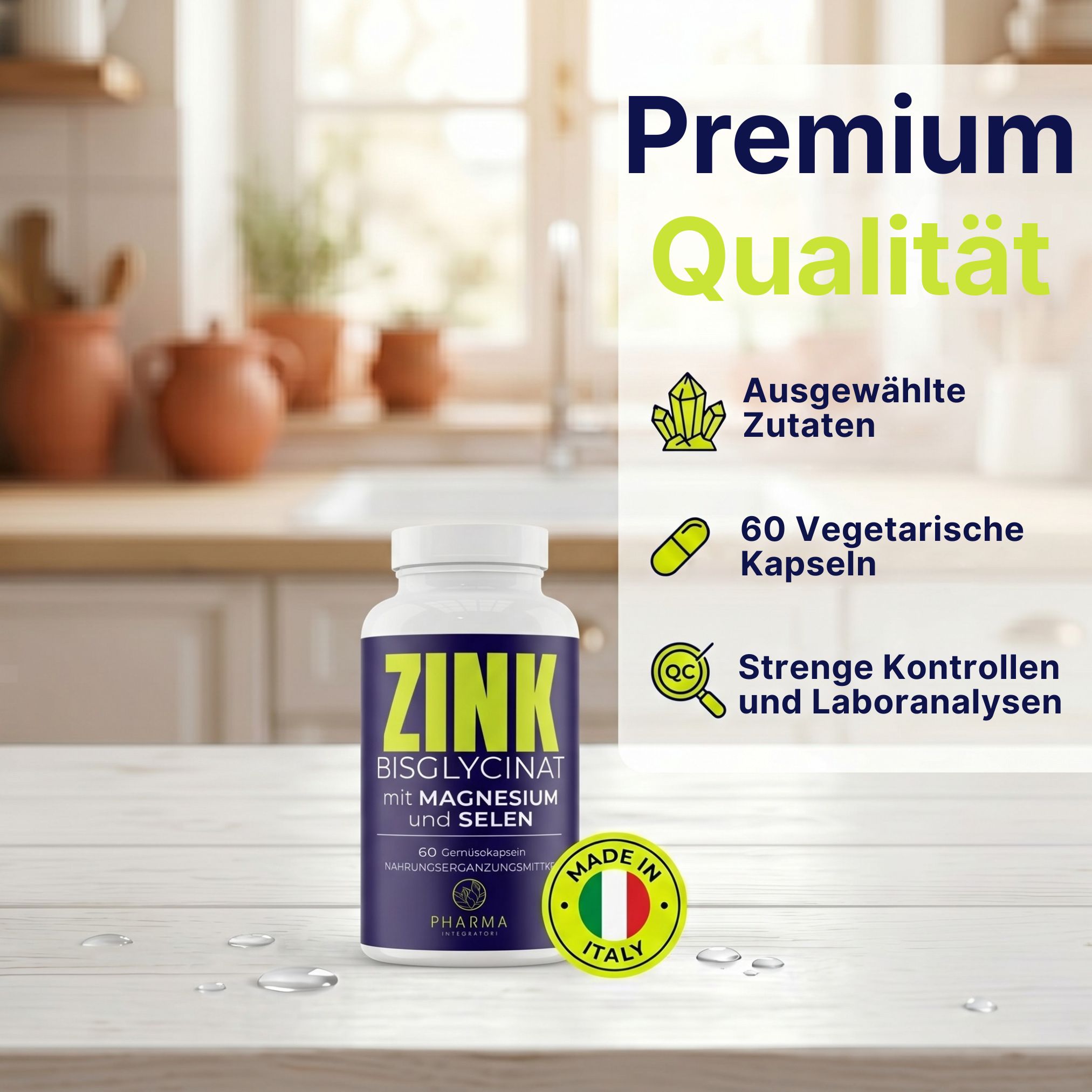 Zink Bisglycinat Flasche in Küche. Premium Qualität, ausgewählte Zutaten, 60 vegetarische Kapseln, Made in Italy.