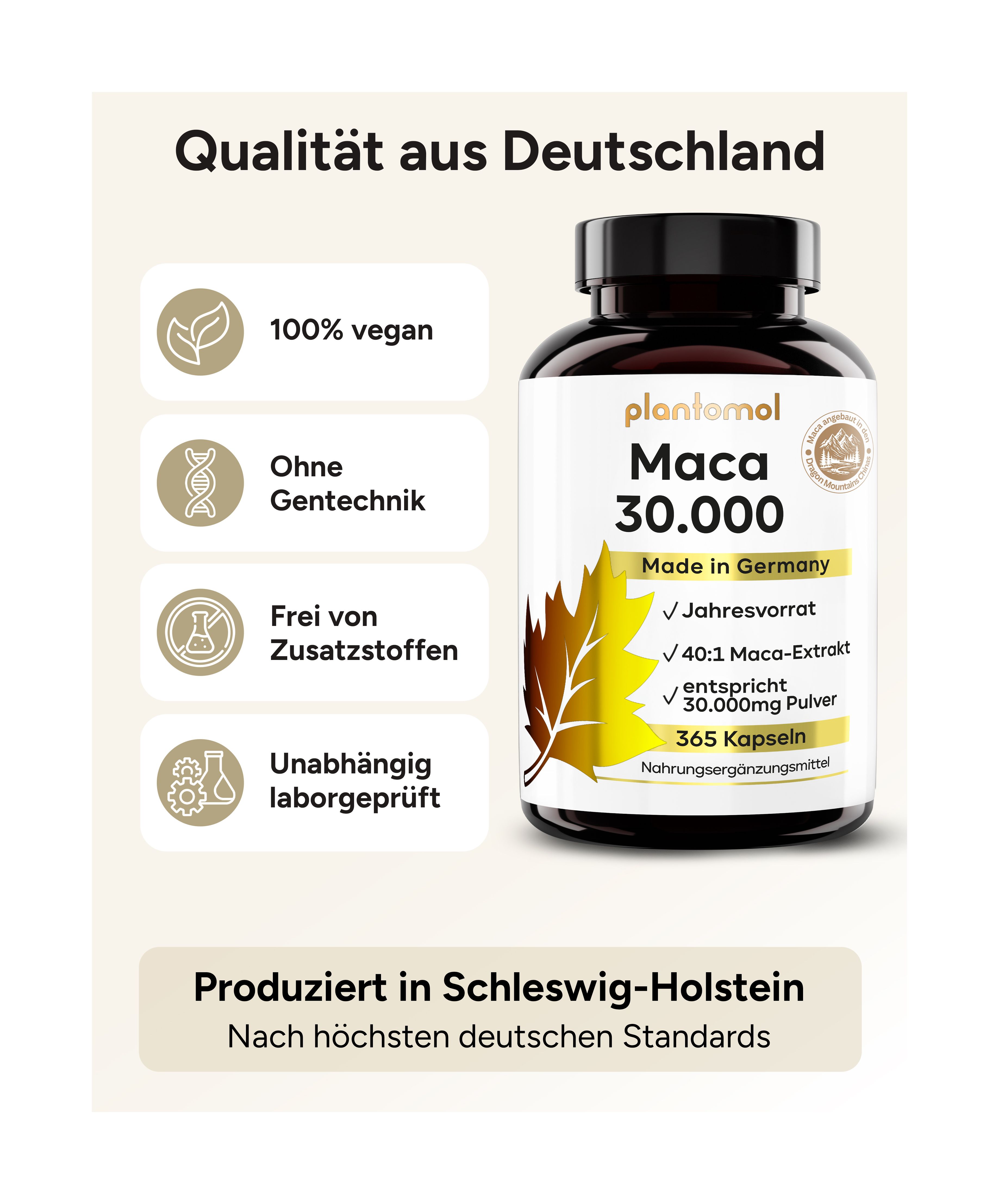 Schwarze Flasche mit Kapseln. Siegel: 100% vegan, ohne Gentechnik, ohne Zusatzstoffe. Hergestellt in Deutschland.