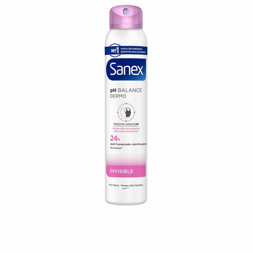 Sanex pH Balance Dermo Invisible Deodorant-Spray. Weißes Spray mit rosa Sprühkopf. Text: Invisible, pH Balance Dermo, Sanex.