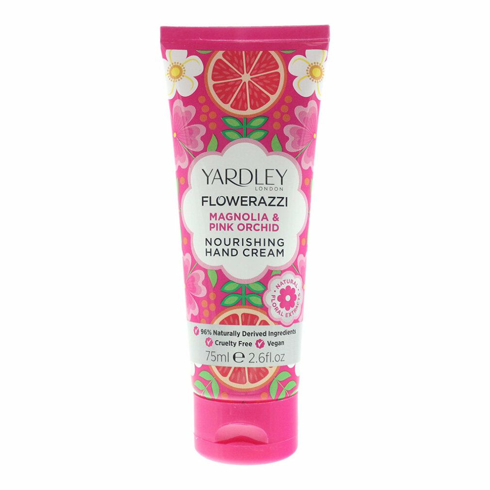 Handcreme-Tube mit floralem Design. Aufschrift: Yardley Flowerazzi Magnolia & Pink Orchid Hand Cream. 75ml.