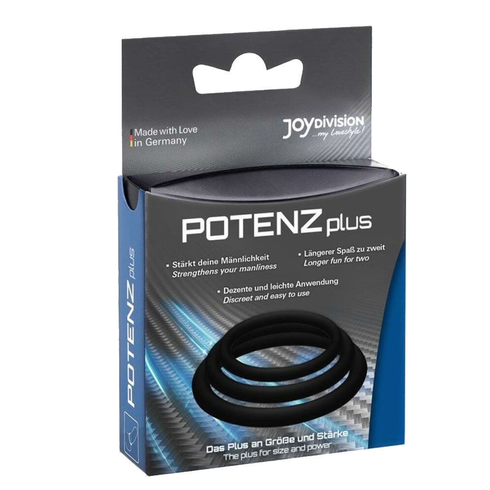 Schwarzes Penisring-Set in Verpackung. Enthält drei Ringe. Marke: JOYDIVISION POTENZ plus.