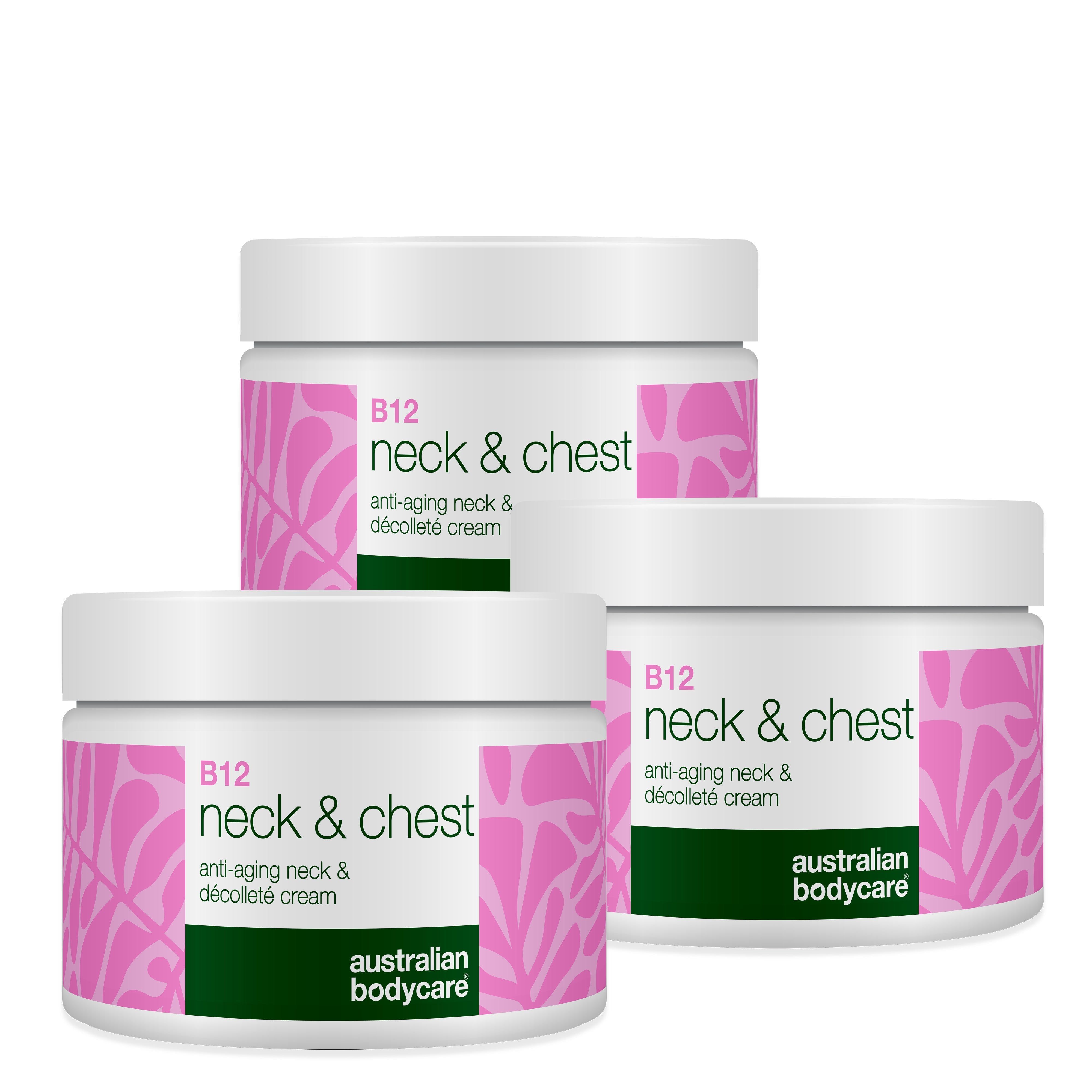 Drei Tiegel Australian Bodycare B12 Creme für Hals und Dekolleté. Weiße Tiegel mit rosa Aufdruck und grünen Akzenten.