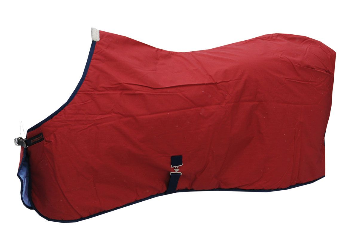 Rote Pferdedecke mit blauen Rändern und Schnallen. Ansicht von oben.