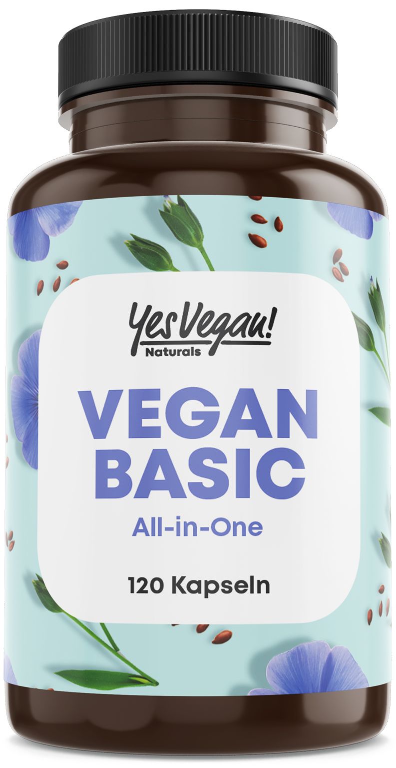 Braune Flasche mit Kapseln. Aufschrift: Yes Vegan! Vegan Basic All-in-One. 120 Kapseln.