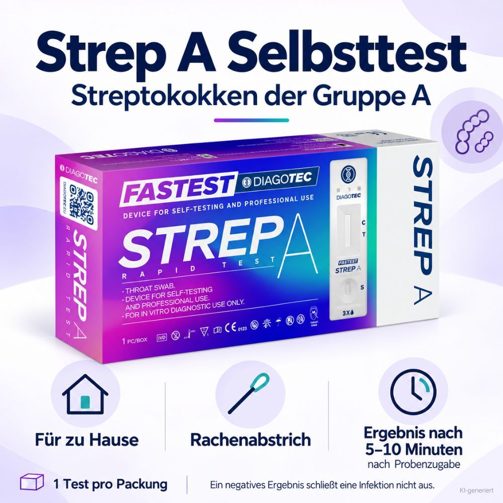 Strep A Schnelltest-Box mit Rachenabstrich-Set. Enthält 1 Test pro Packung.