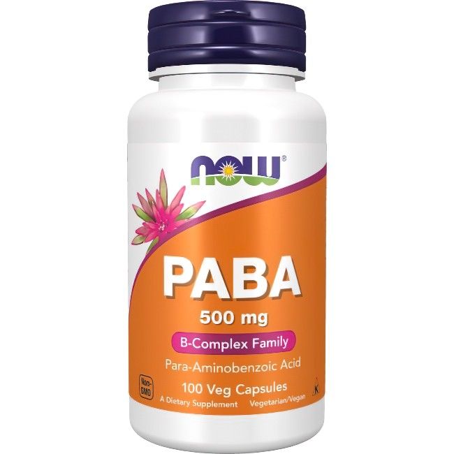 Weiße Flasche mit lila Deckel. Orangefarbenes Etikett mit Produktnamen: PABA, 500 mg. 100 Veg-Kapseln. Marke: Now Foods.