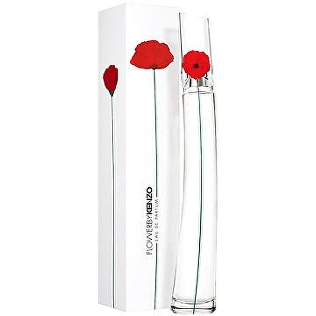 Parfümflakon und Verpackung. Weißer Karton mit roter Mohnblüte. Flakon mit grüner Stiel- und Blütenabbildung.