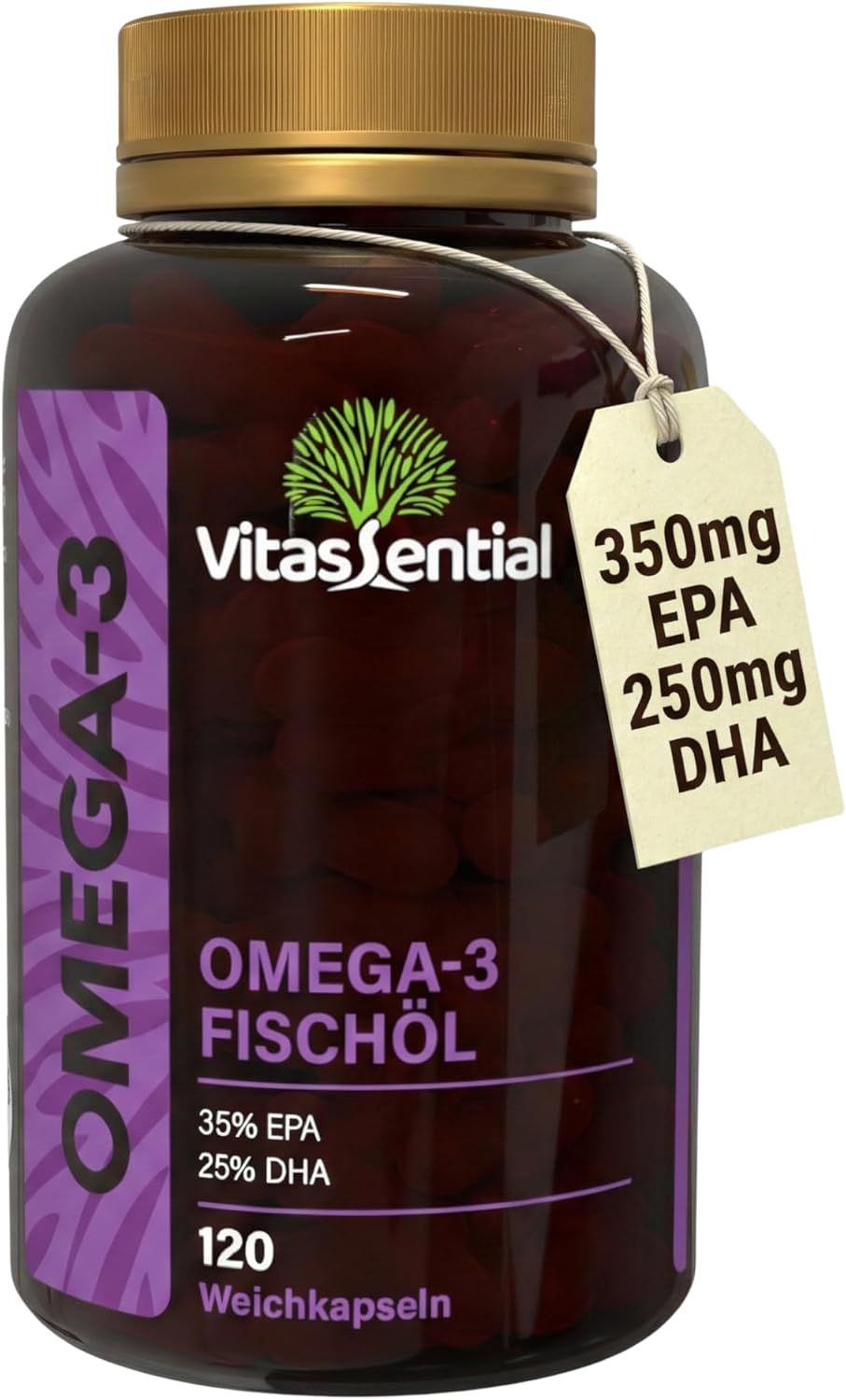 Braune Flasche mit Omega-3 Kapseln. Aufschrift: Vitassential, Omega-3 Fischöl, 120 Weichkapseln. Anhänger: 350mg EPA, 250mg DHA.