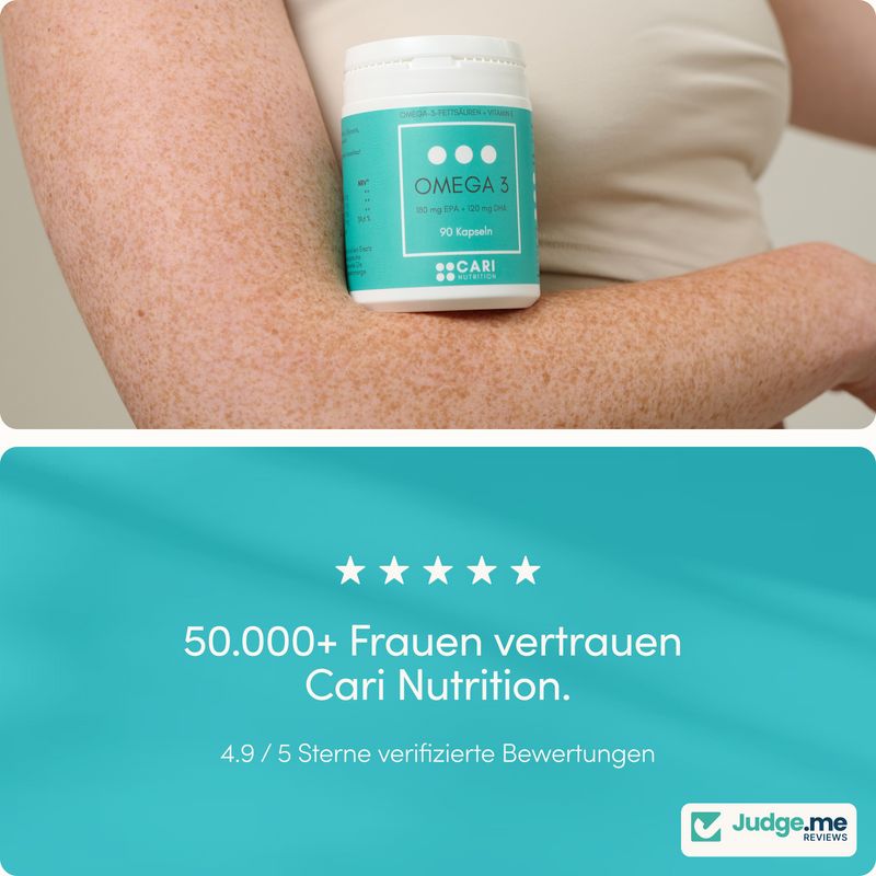 Dose Omega 3 auf einem Arm, darunter "50.000+ Frauen vertrauen Cari Nutrition."