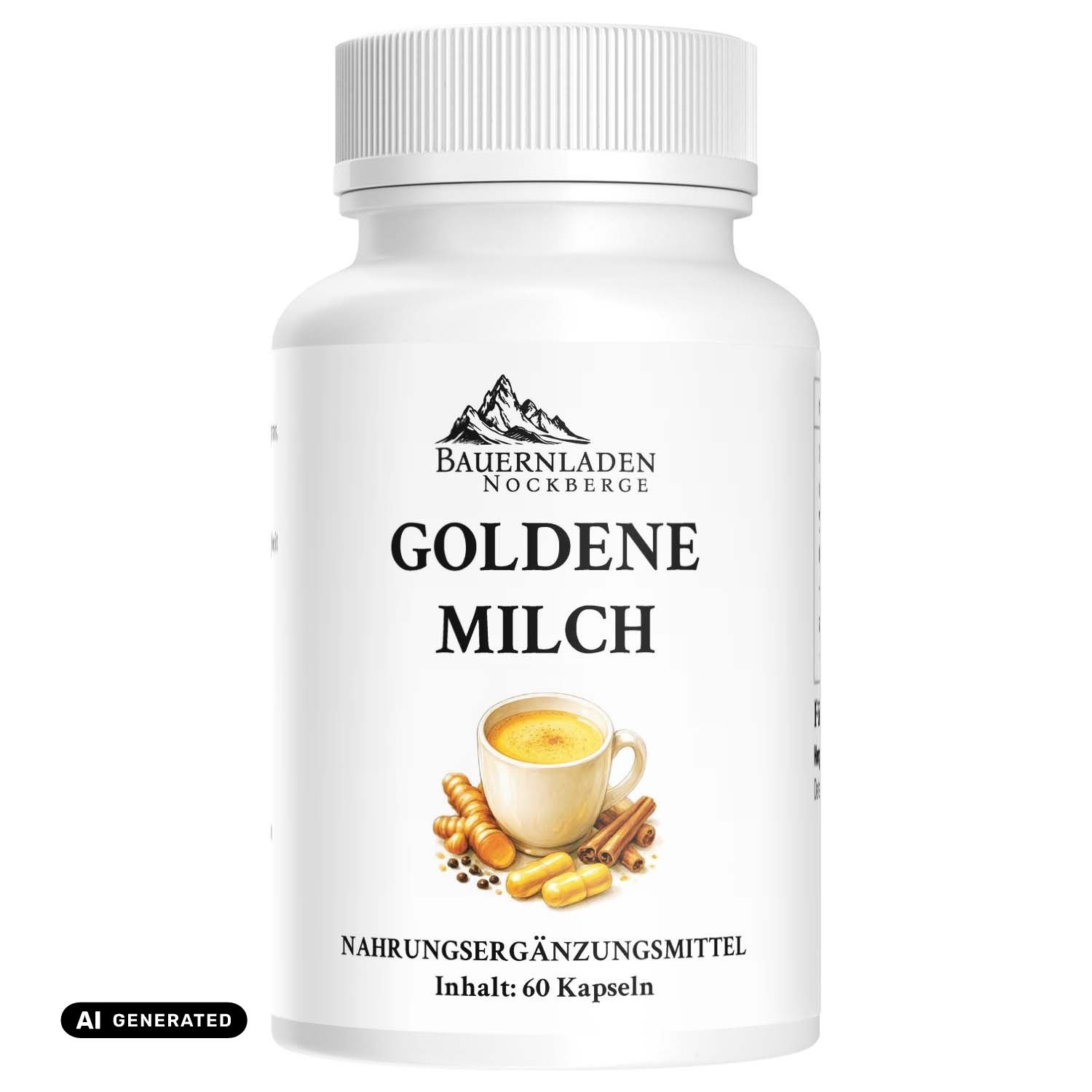 Flasche mit 60 Kapseln "Goldene Milch" Nahrungsergänzungsmittel.