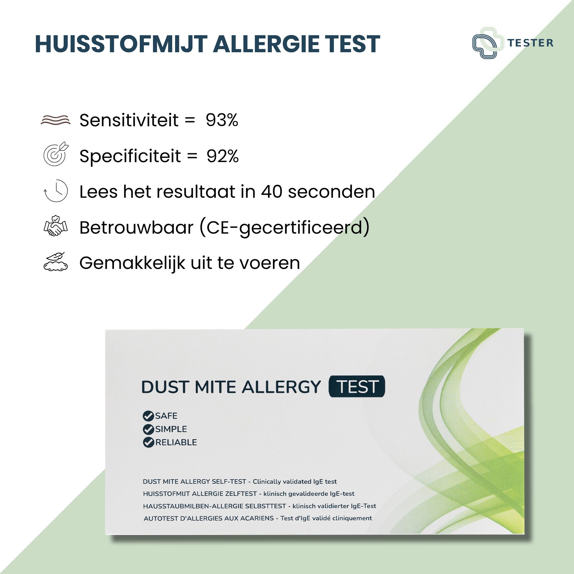 Grafik mit Text: HAUSSTAUBMILBEN ALLERGIE TEST. Sensitivität 93%, Spezifität 92%. Ergebnis in 40 Sekunden. CE-zertifiziert. Produktverpackung unten.