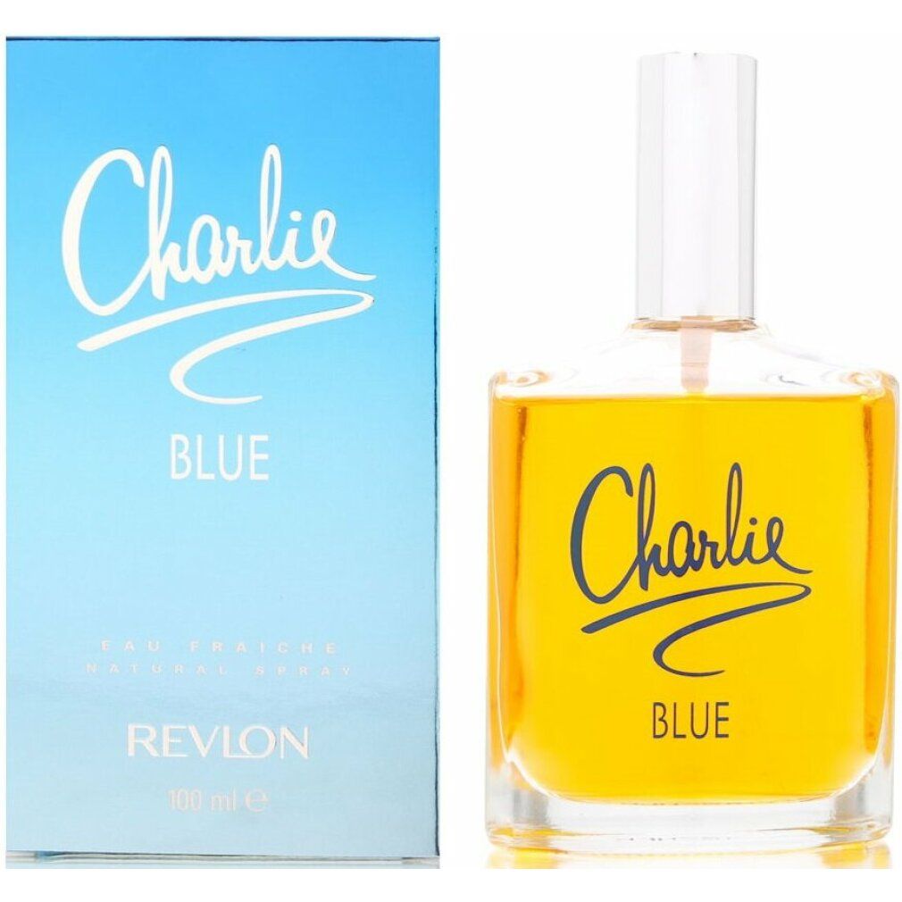 Flakon und Schachtel von Charlie Blue. Aufschrift Charlie Blue, Revlon und 100 ml. Hellblauer Hintergrund.
