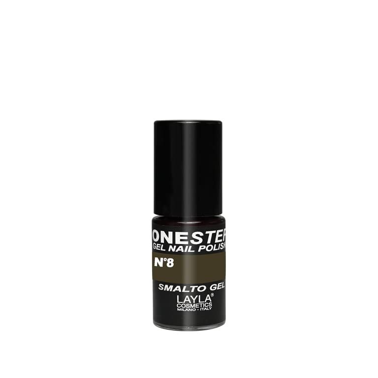 Nagellackflasche, dunkelgrau. Schwarzer Deckel. Beschriftung: ONE STEP GEL NAIL POLISH, N°8, LAYLA COSMETICS.