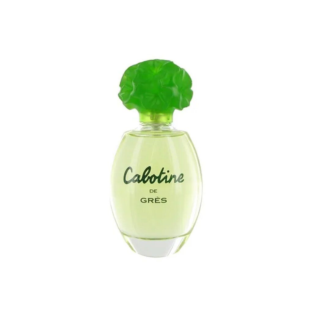 Ovale Glasflasche mit grünem Blumendeckel. Aufschrift Cabotine de Grès.