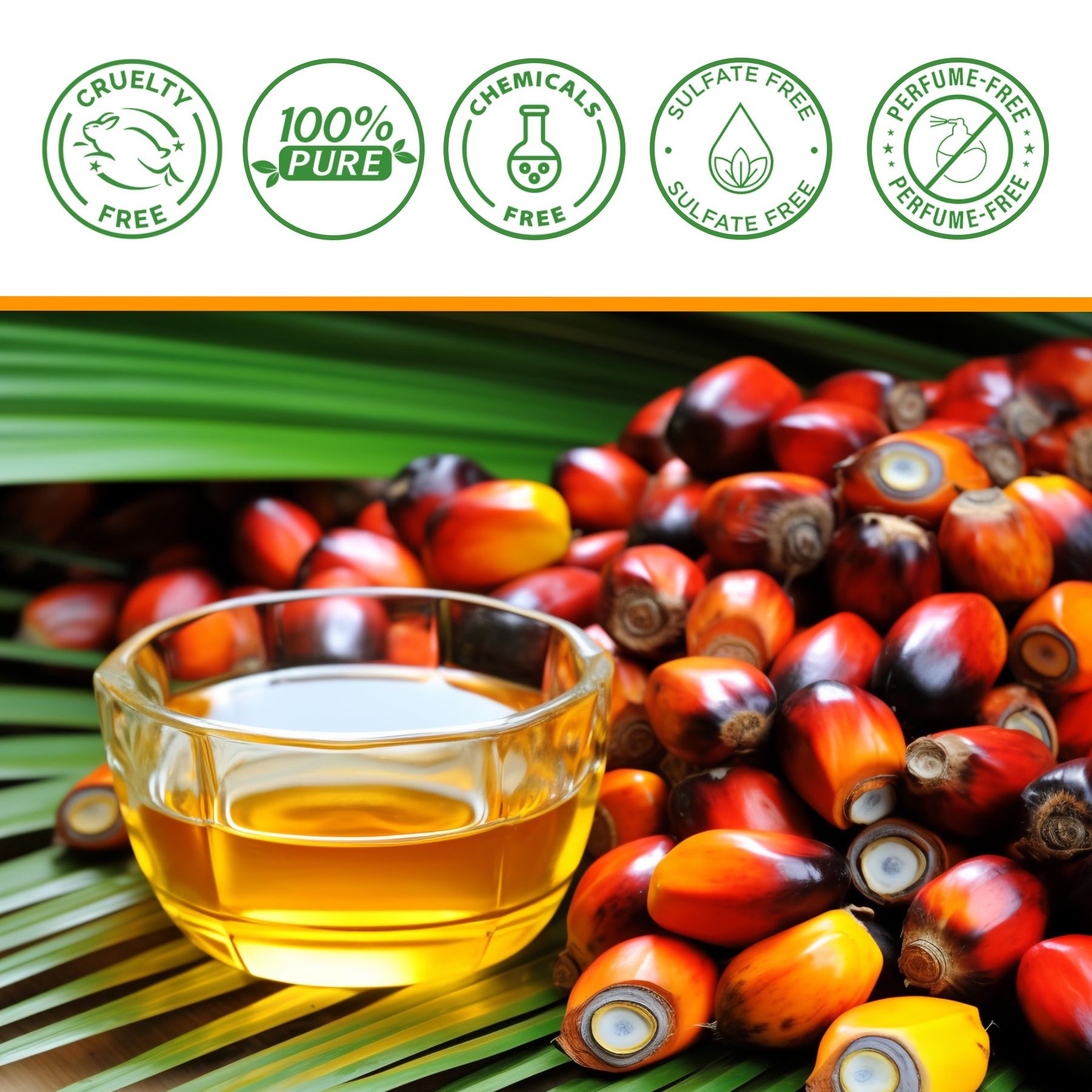 Schüssel mit Öl, umgeben von Früchten und Blättern. Oben: Symbole für tierversuchsfrei, 100% rein, chemikalienfrei, sulfatfrei, parfümfrei.