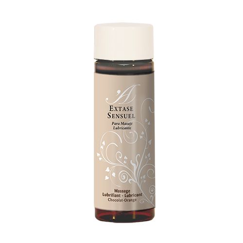 Flasche Extase Sensuel Gleitgel, Schokolade-Orange. Heller Verschluss, beige Etikett mit floralem Muster.