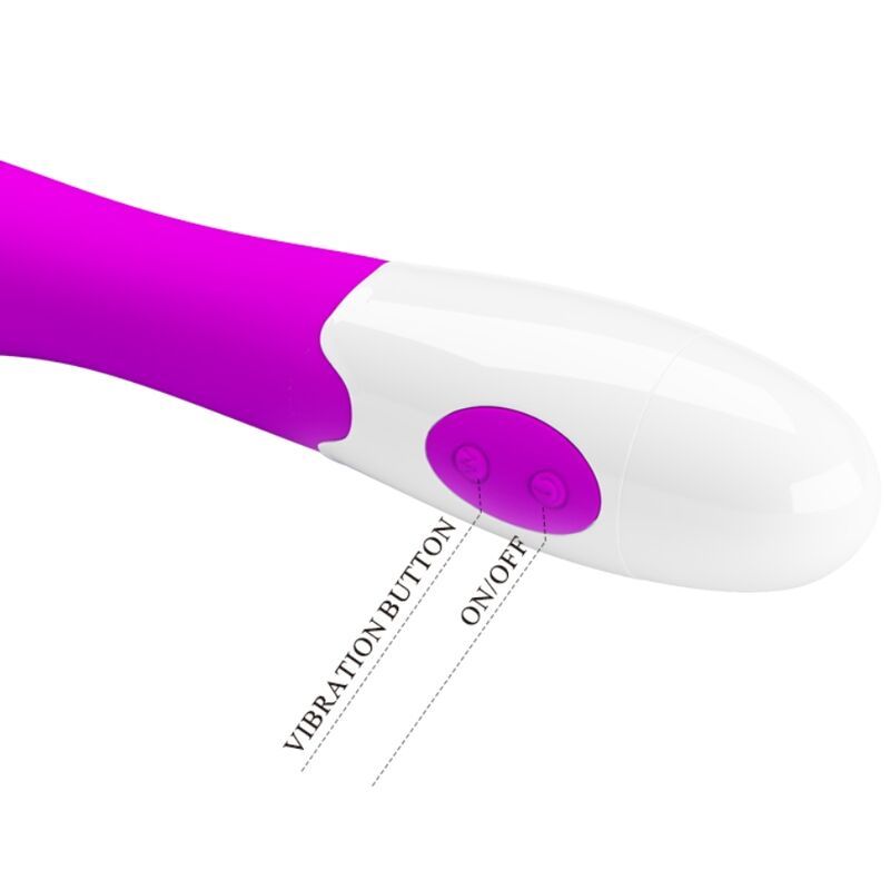 Bedienelemente eines lila und weißen Vibrators: Vibrationsknopf, Ein/Aus.