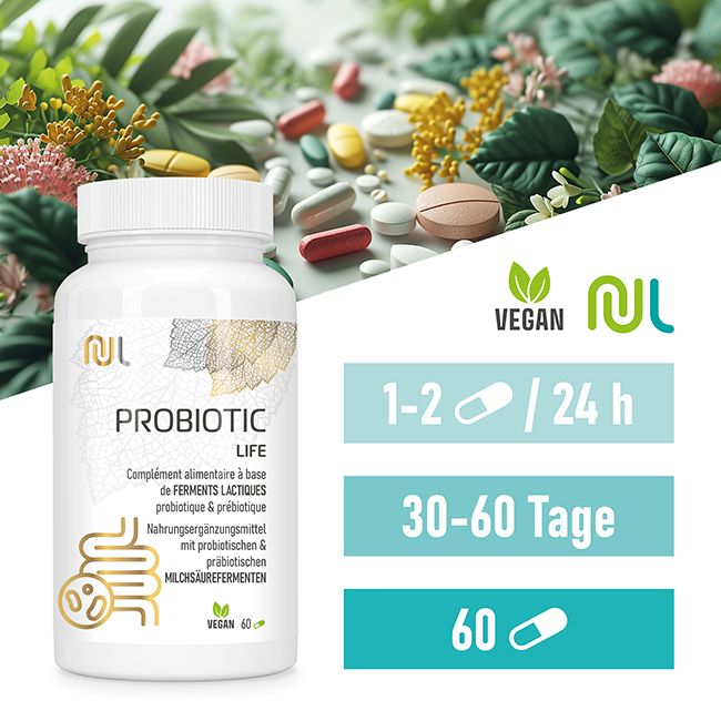 Weiße Flasche "PROBIOTIC LIFE" mit 60 Kapseln. Vegan-Siegel. Dosierungsangaben: 1-2 Kapseln/24h, 30-60 Tage.