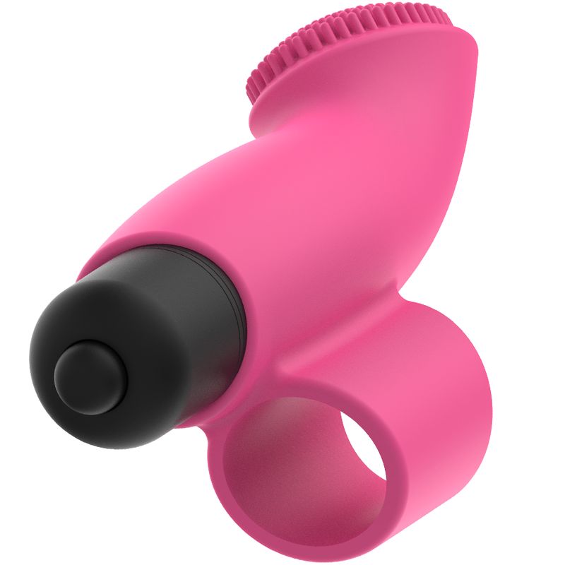Pinker Finger-Vibrator mit Ring. Schwarzer Vibrationskopf mit Knopf. Silikon.