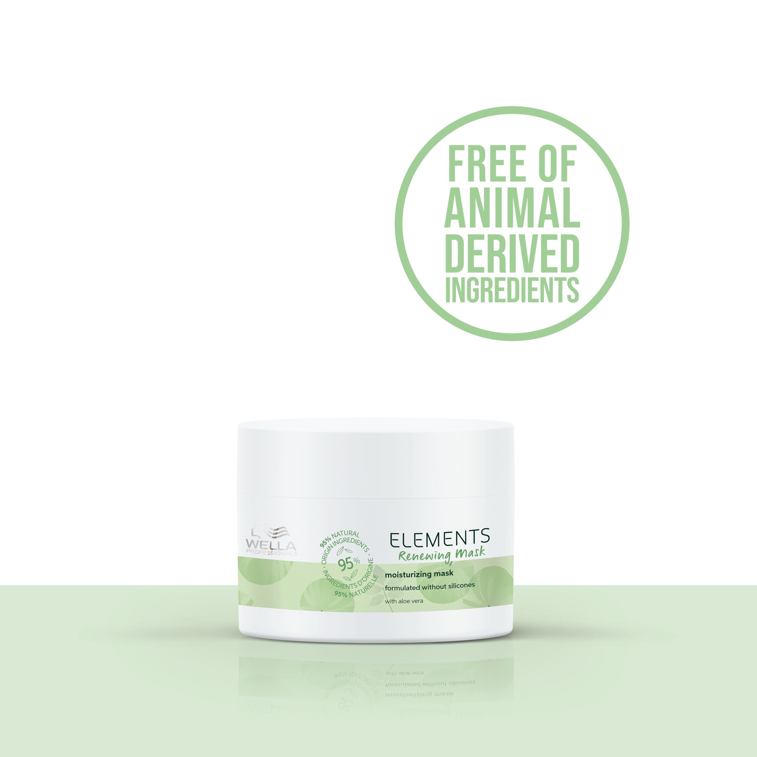 Weiße Dose mit grünem Etikett. Aufschrift: ELEMENTS, moisturizing mask. Logo: Free of animal derived ingredients. Marke Wella.