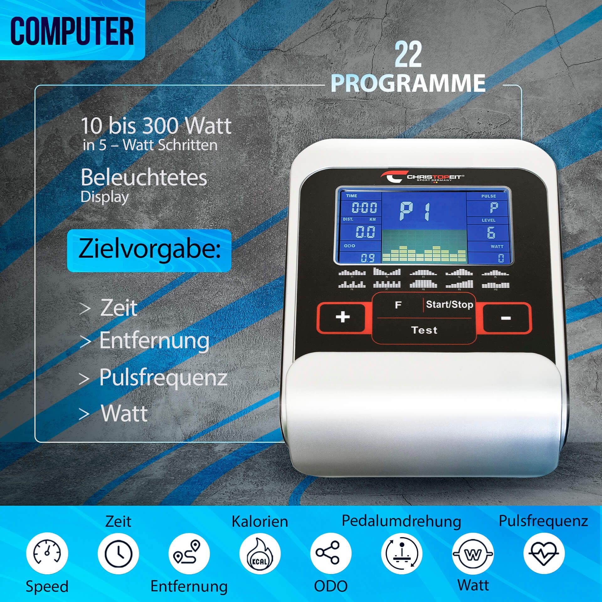 Digitales Display des Ergometers. Zeigt Zeit, Entfernung, Pulsfrequenz, Watt. 22 Programme. Beleuchtetes Display.