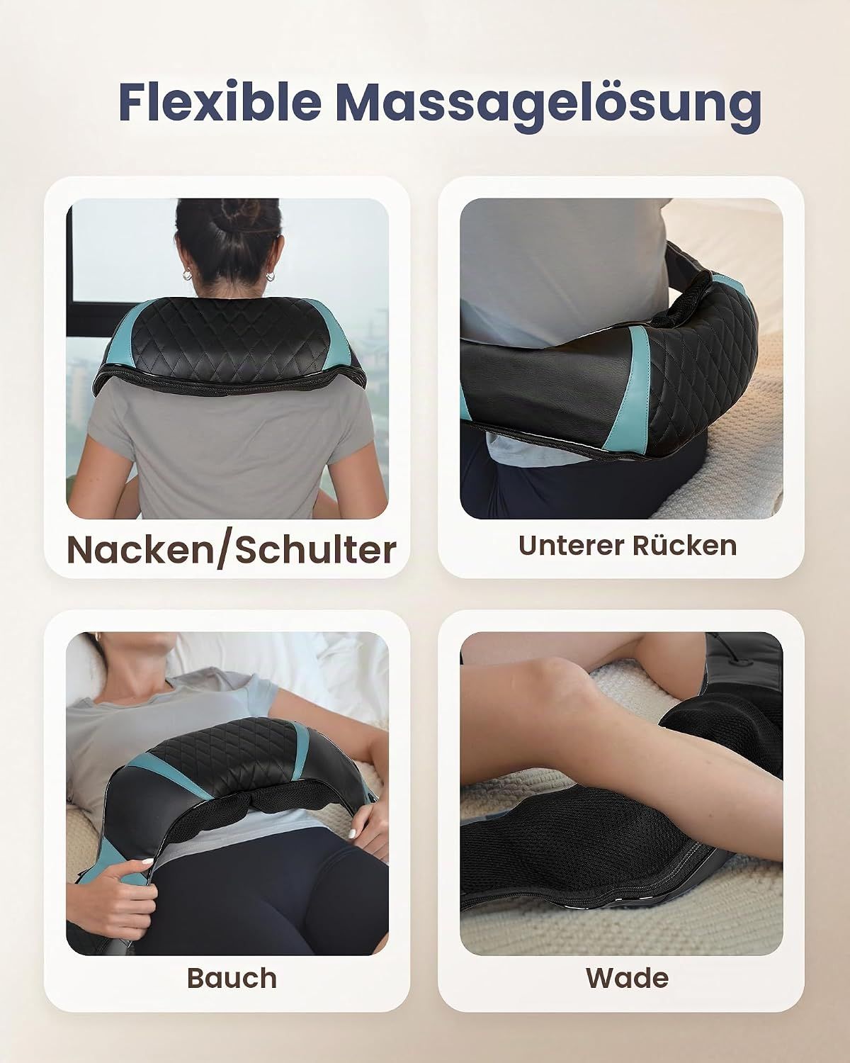 Nackenmassagegerät mit blauen und schwarzen Elementen, zeigt rote Massagekugeln.