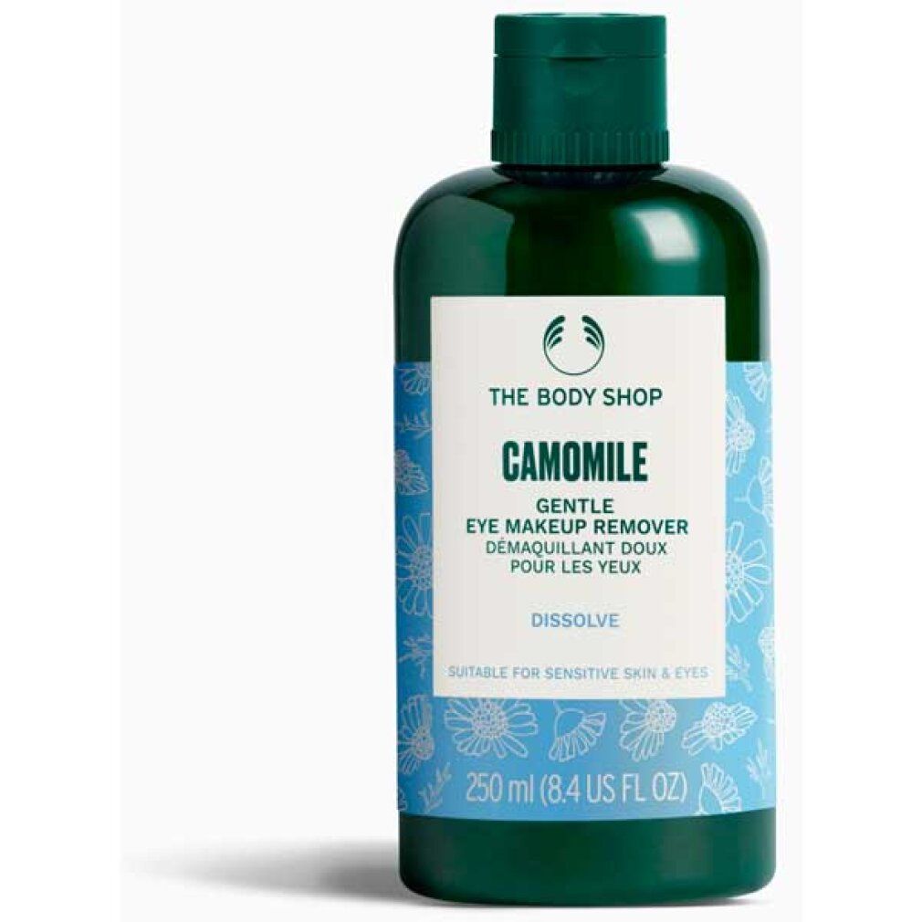 Grüne Flasche mit blauem Etikett. Aufschrift: CAMOMILE, Gentle Eye Make-Up Remover. 250 ml. Geeignet für empfindliche Haut.