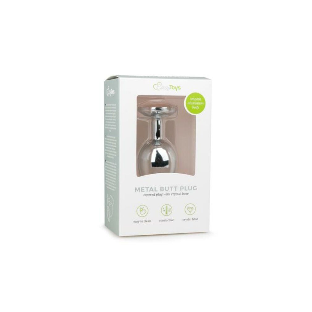 Verpackung eines silbernen Metall-Analplugs mit Zierstein.