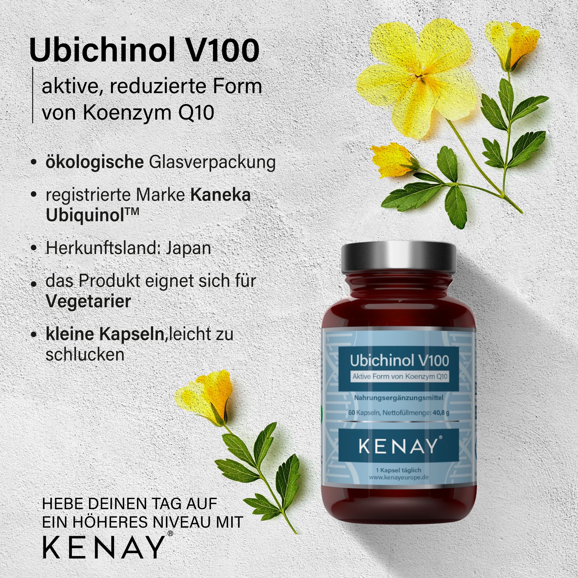 Braune Glasflasche mit Etikett. Aufschrift: Ubichinol V100, KENAY. Gelbe Blüten und Blätter. Text: ökologische Glasverpackung.