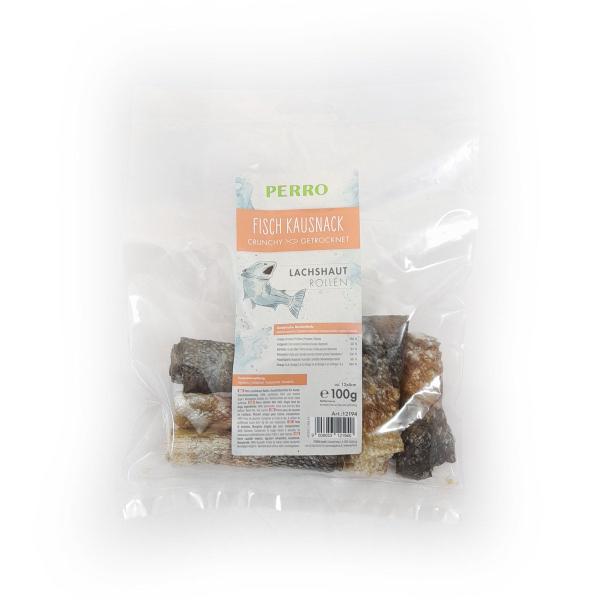 Verpackung mit Lachshaut Rollen für Hunde. Aufschrift: PERRO Fisch Kausnack. Fisch-Illustration. Gewicht: 100g.