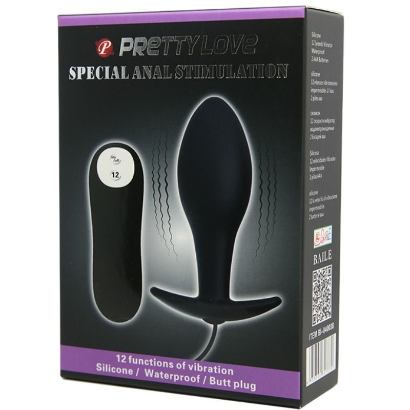 Verpackung mit Analplug und Fernbedienung. Text: PRETTY LOVE, SPECIAL ANAL STIMULATION.