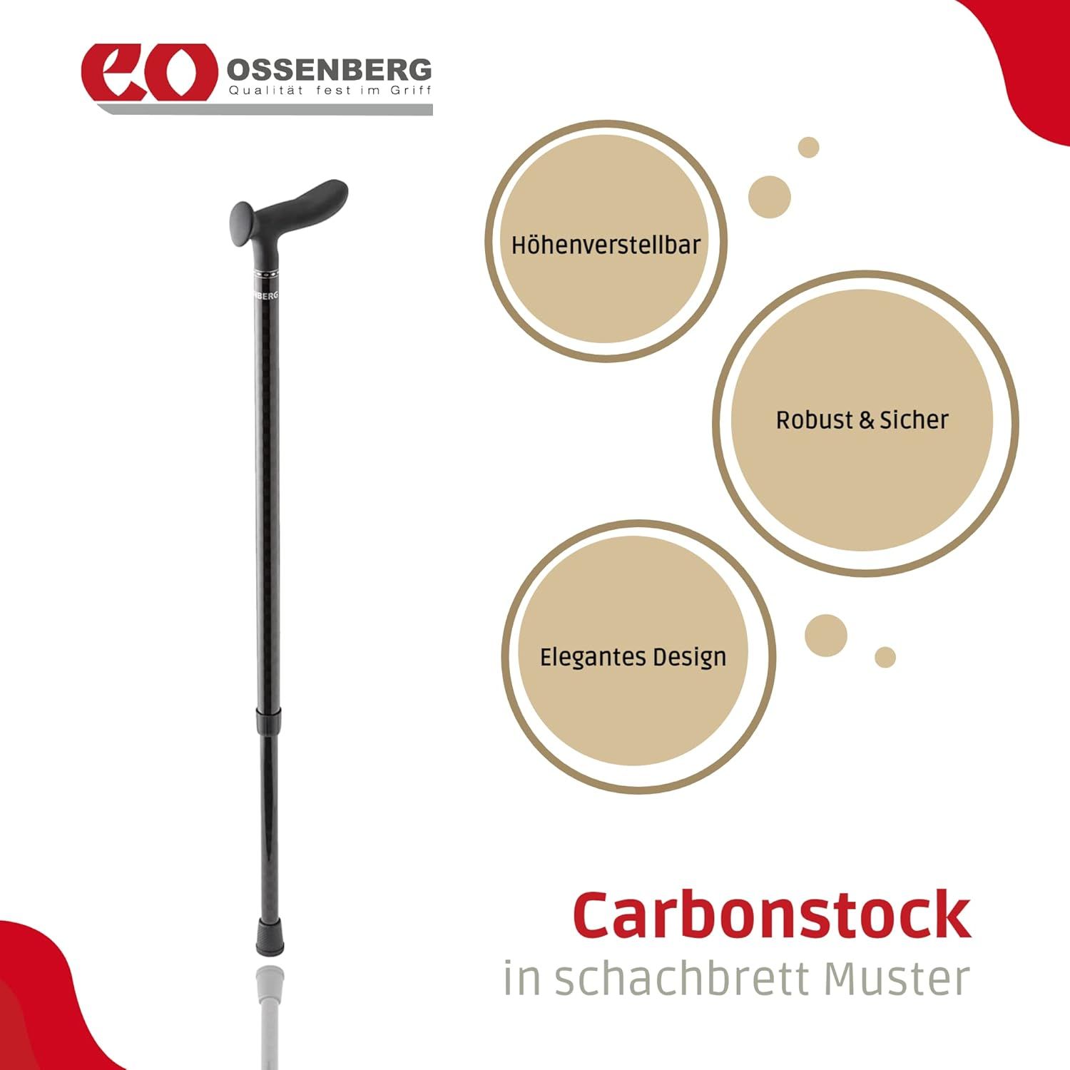 Gehstock mit Soft-Entenschnabelgriff. Anthrazit Schachbrettmuster. Text: Carbonstock, Höhenverstellbar, Robust & Sicher, Elegantes Design.