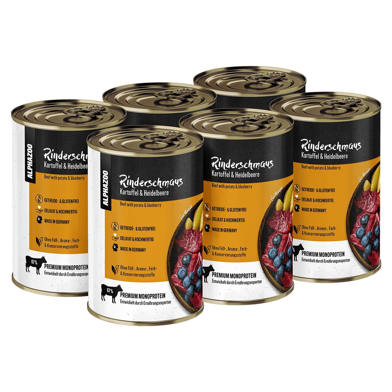 Sechs Dosen Nassfutter ALPHAZOO Rinderschmaus. Aufschrift: Rind mit Kartoffeln & Heidelbeeren. Premium Monoprotein. Ohne Getreide, Farb- & Konservierungsstoffe.