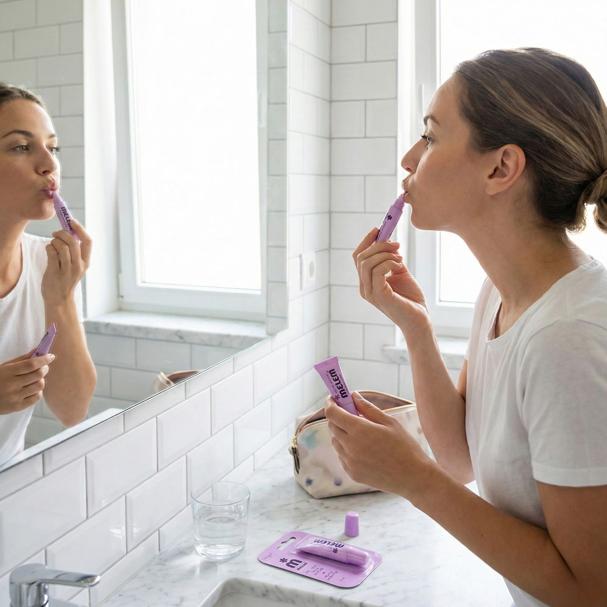 Frau trägt Produkt auf. Spiegelbild. Aufschrift "Melem" auf Tube. Verpackung liegt daneben.