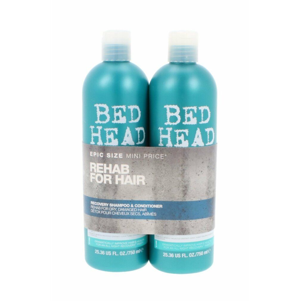Tigi Bed Head Recovery Tween Set. Zwei türkisfarbene Flaschen mit weißem Deckel. Text: Bed Head, Rehab for Hair.