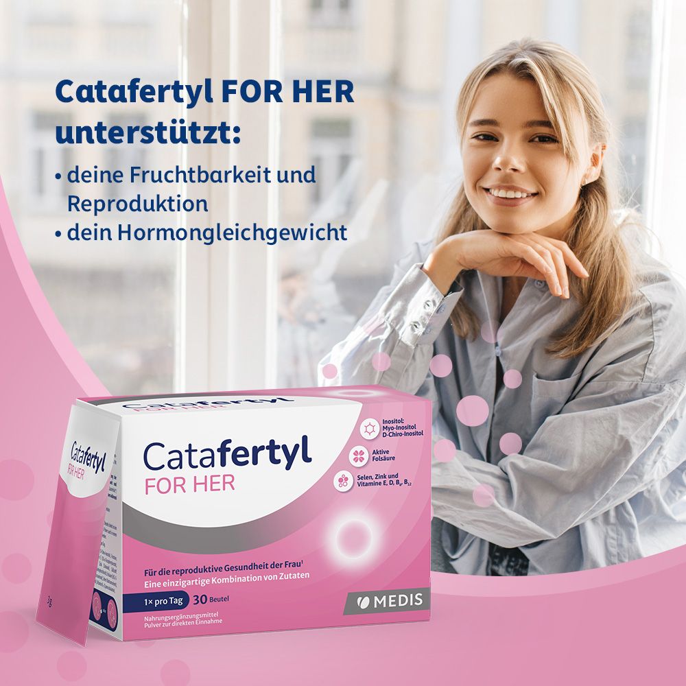 CATAFERTYL FOR HER-Packung und Frau. Text: unterstützt Fruchtbarkeit, Reproduktion und Hormongleichgewicht. Marke und Logo.