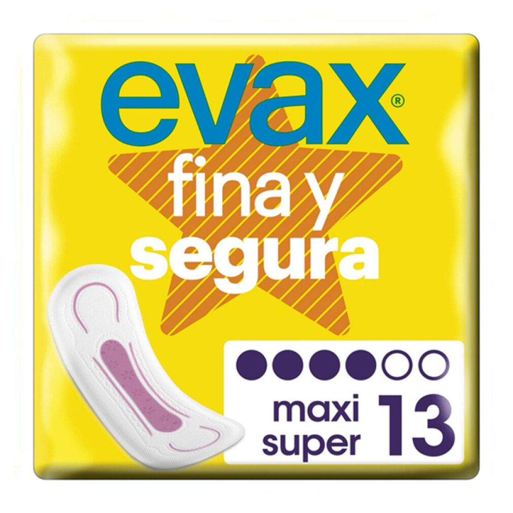 Gelbe Verpackung mit "evax"-Logo, "fina y segura" und einer Binde. Text: "maxi super 13".