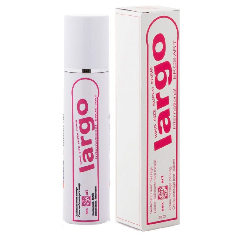 Zylindrische Flasche und Verpackung. Flasche und Verpackung mit pinkfarbenem "Largo"-Schriftzug. Logo: "EROS ART".