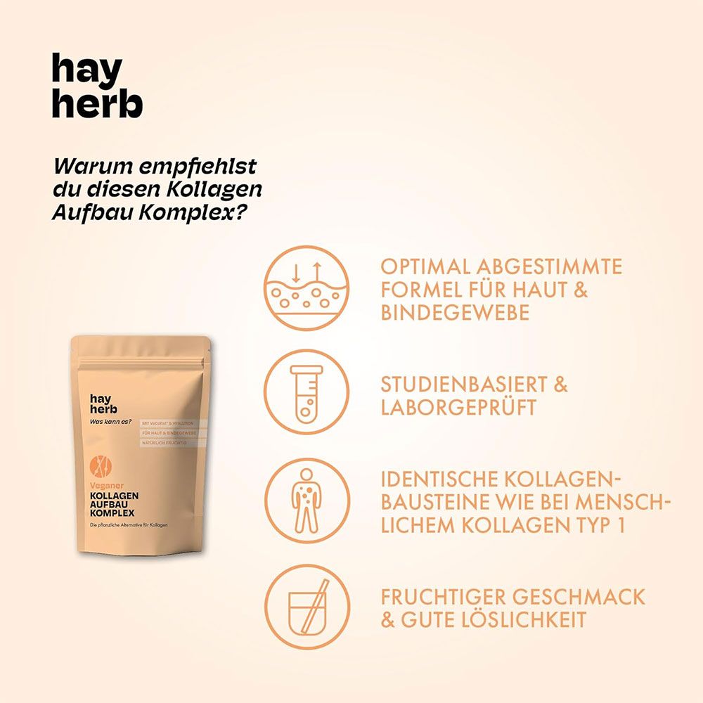 Beige Beutel mit Produktinformationen. Text: hay herb, Veganer Kollagen Aufbau Komplex. Vorteile: Haut & Bindegewebe, Laborgeprüft, fruchtiger Geschmack.