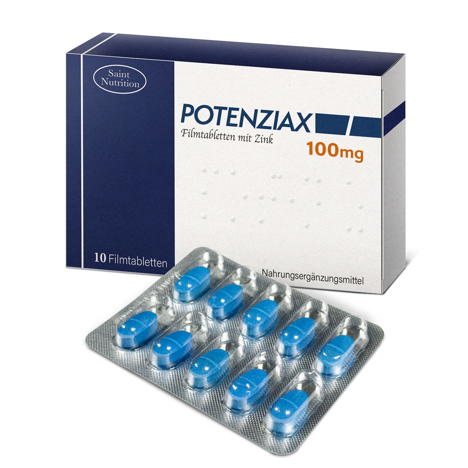 Schachtel und Blister mit blauen Filmtabletten. Auf der Schachtel steht "POTENZIAX" und "100mg".